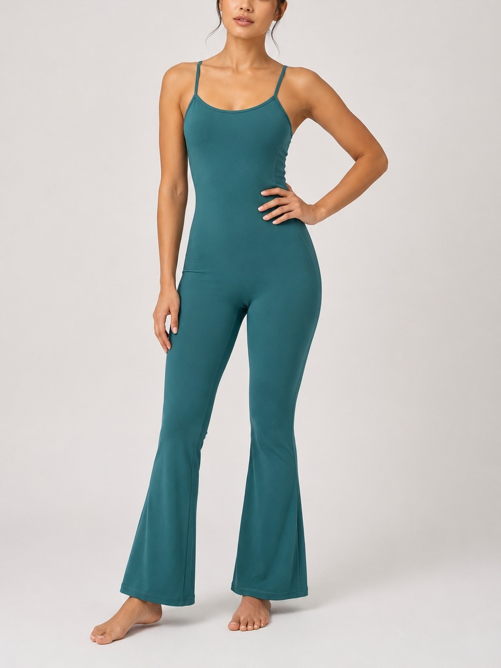 Sunzel Teal Flare Yoga Jumpsuit Tummy Control Scrunch Butt Unitard Small